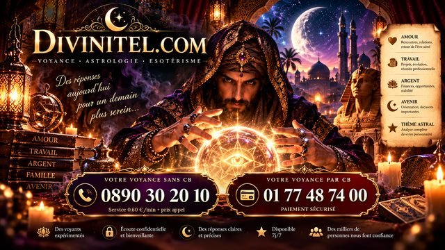 Divinitel.com, voyance, astrologie et ésotérisme : un voyant au-dessus d'une boule de cristal. Voyance sans carte bancaire au 0890 30 20 10, service 0,60 € la minute plus prix d'un appel ; voyance par carte au 01 77 48 74 00. Amour, travail, argent, avenir.