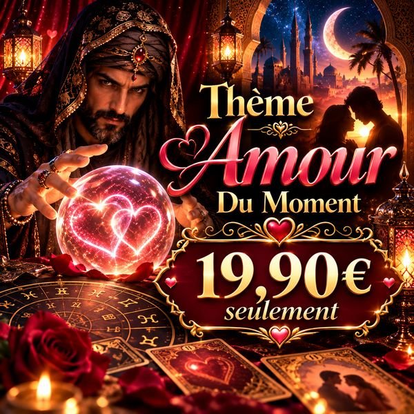 Thème amour du moment, 19,90 € : voyant, boule de cristal aux cœurs, cartes et roue du zodiaque