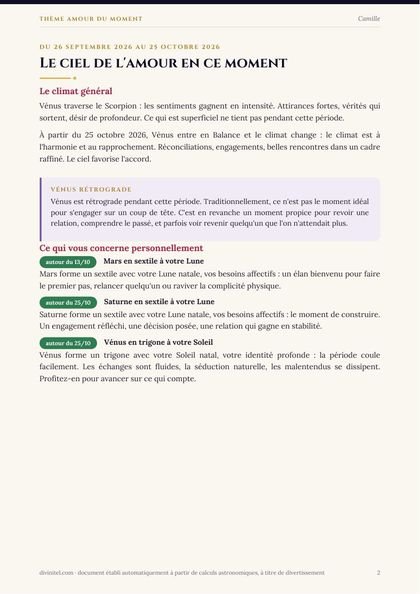 Aperçu : page Le ciel de l'amour en ce moment, avec les aspects datés